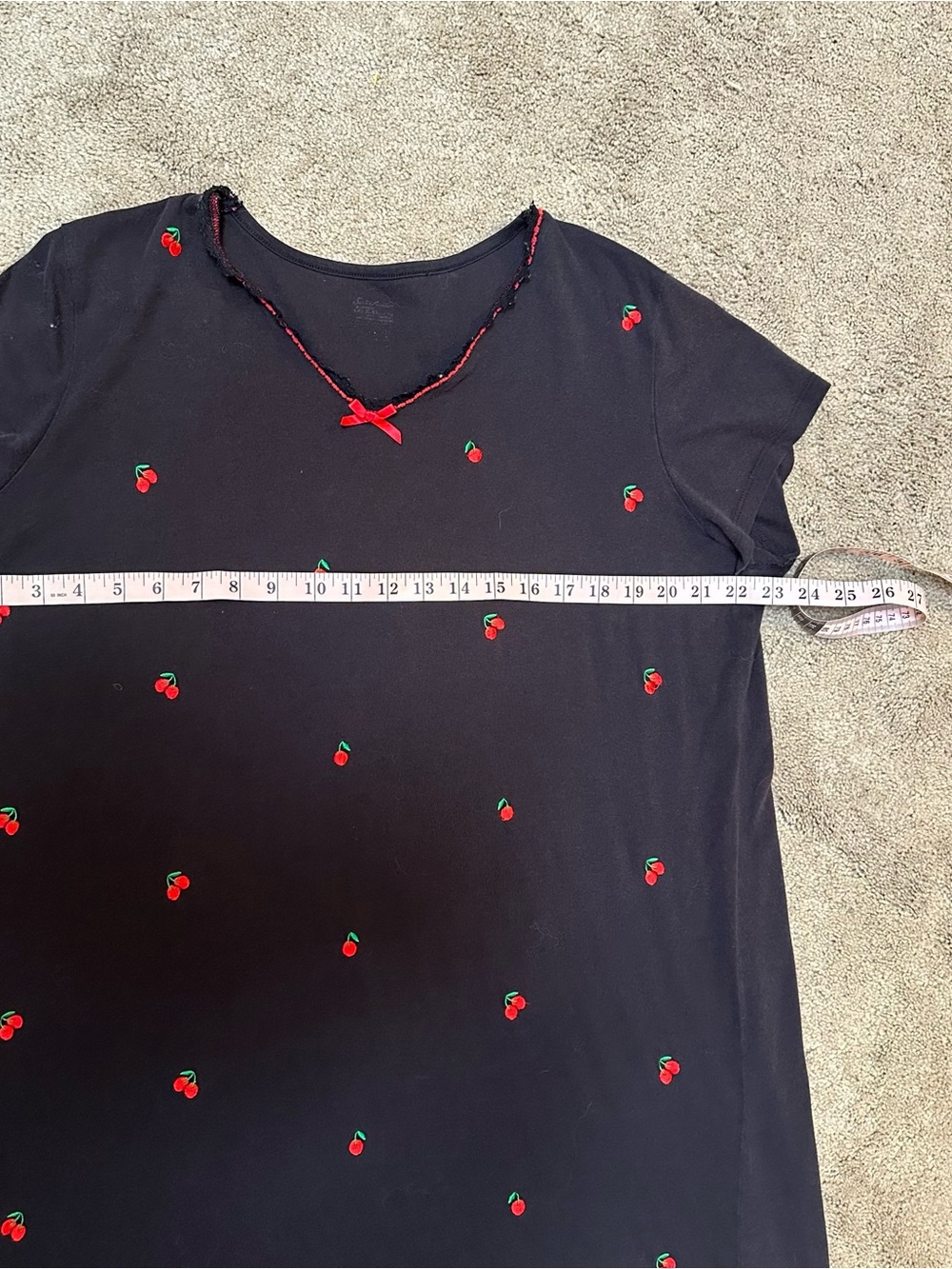 Vintage Y2K Cherry Embroidery Oversized Sleepshirt Nightgown Black Red Bow L/XL - Picture 6 of 7